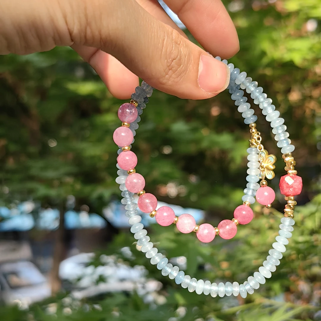 合金石英石手链 蓝色手饰多层双圈手链手作手串蝴蝶夏天小尺寸