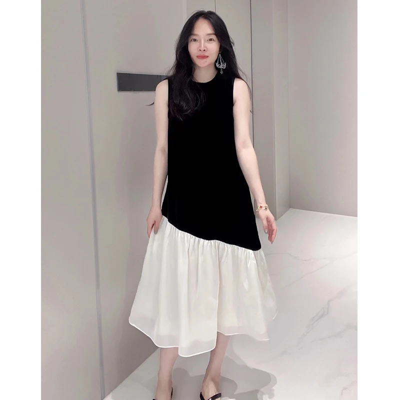 设计师品牌正品真丝丝绒法式赫本风黑白撞色百褶鱼尾无袖小黑裙
