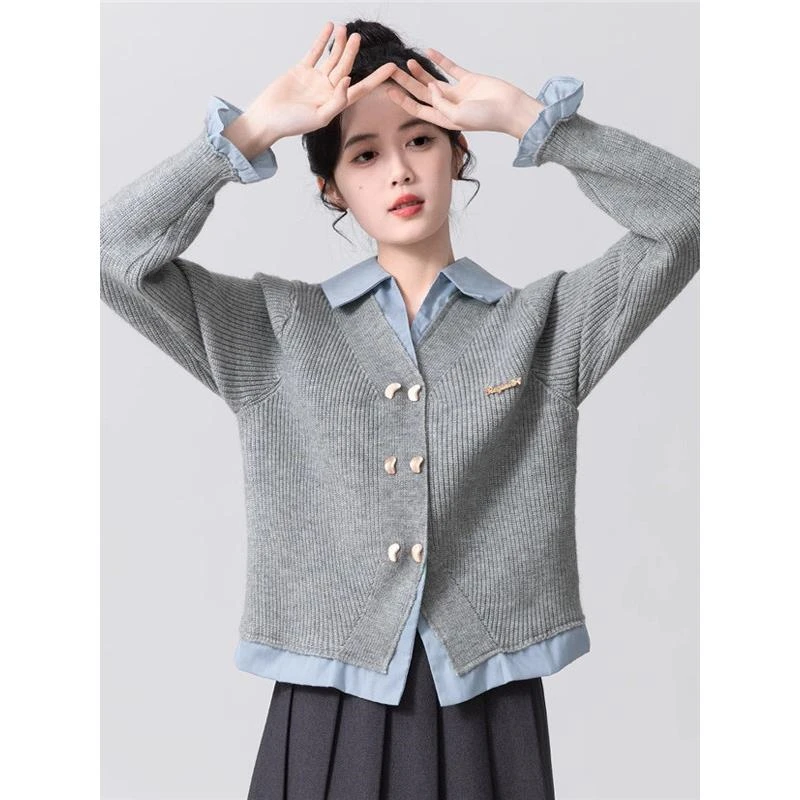 小个子假两件毛衣外套女春秋学院薄款小香风配裙子针织开衫短上衣