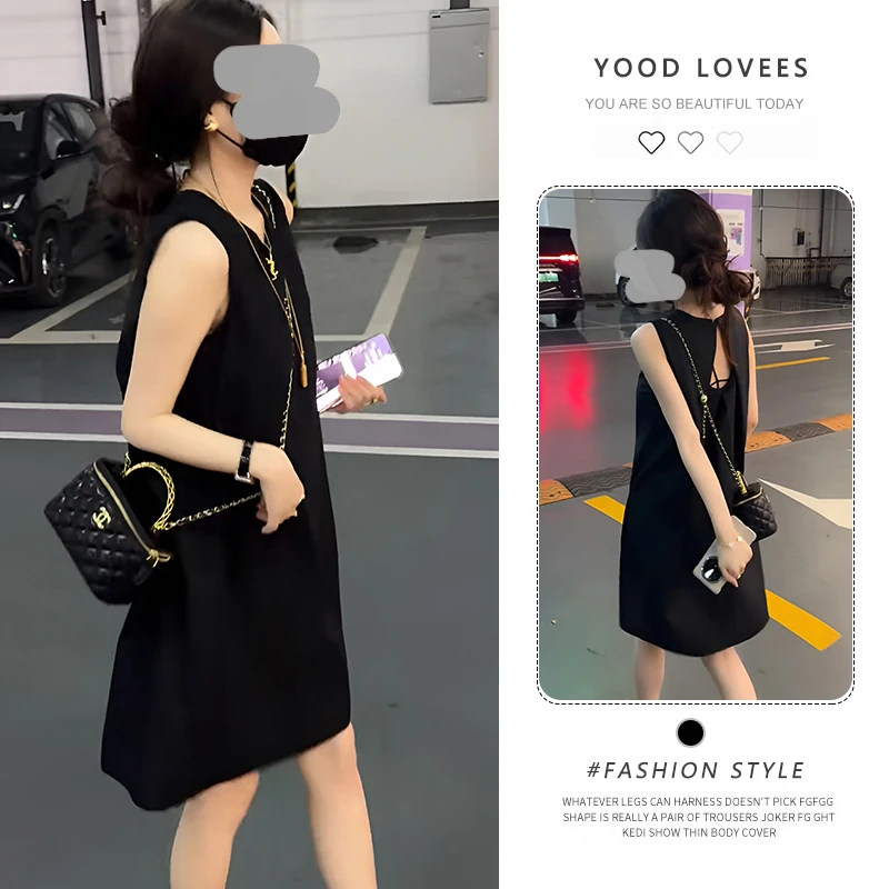 黑色无袖连衣裙女2025夏季新款小个子后背镂空遮肉显瘦直筒背心裙