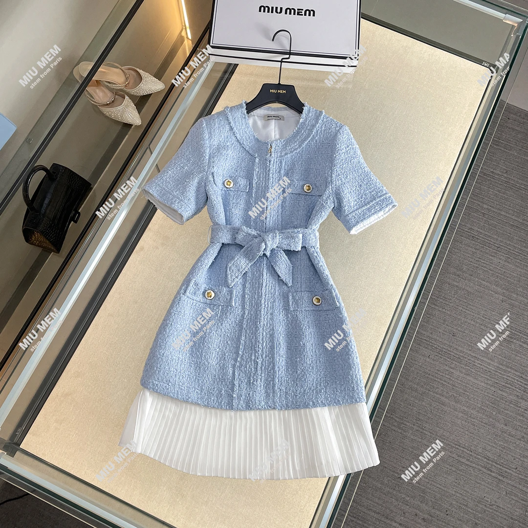 MIUMEM早春法式小香风百褶粗花呢连衣裙SM3352