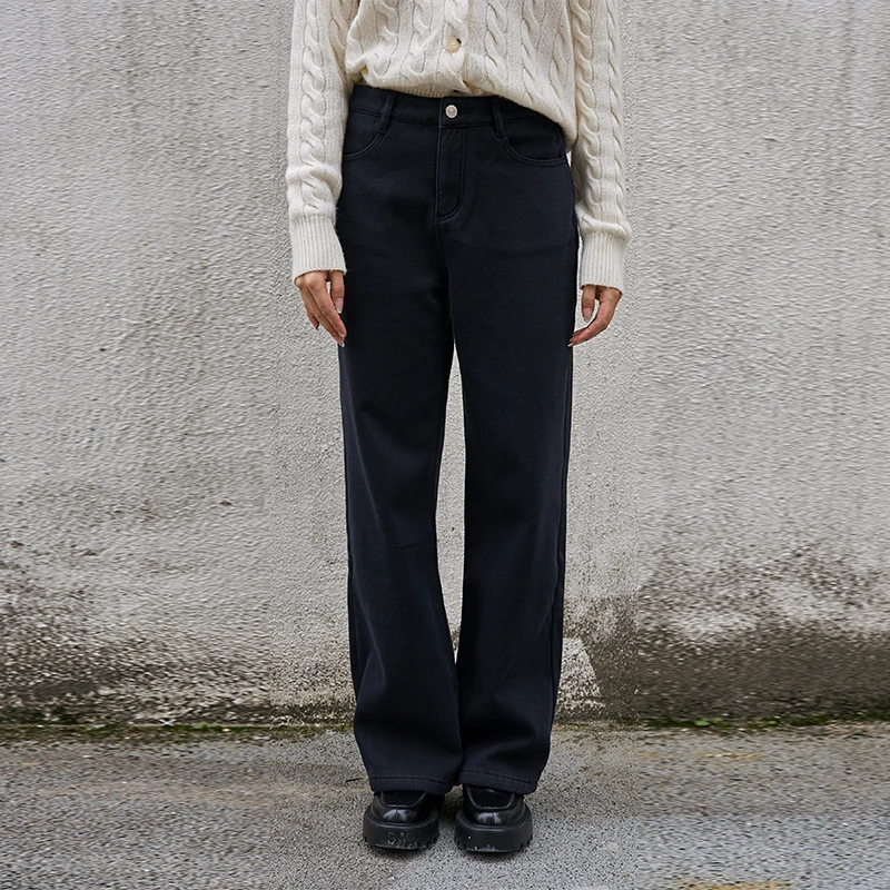 高腰显瘦宽松长裤保暖舒适感黑色休闲牛奶绒直筒裤