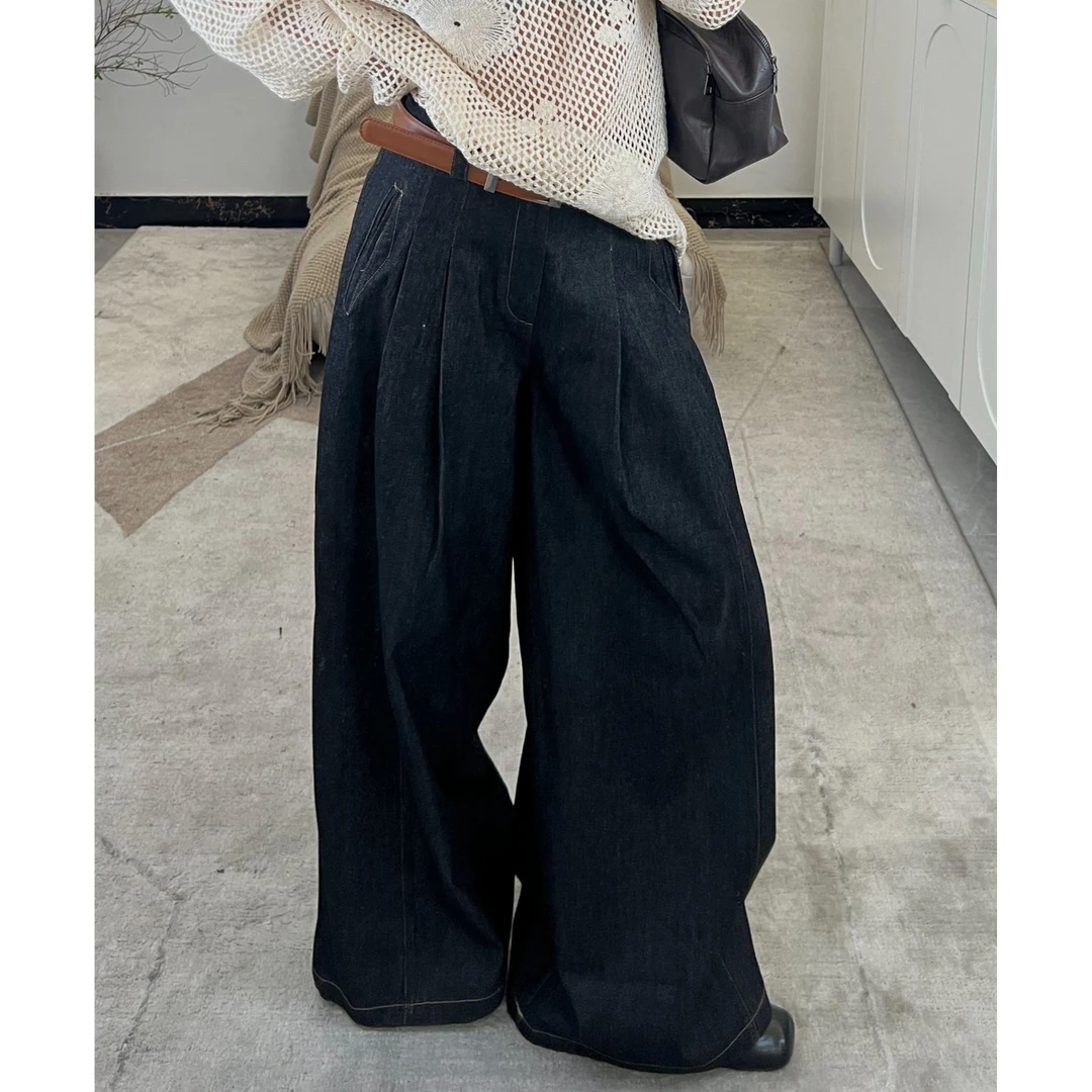 逸语2025春装时尚老爹裤女拖地阔腿裤压褶显瘦牛仔裤25752