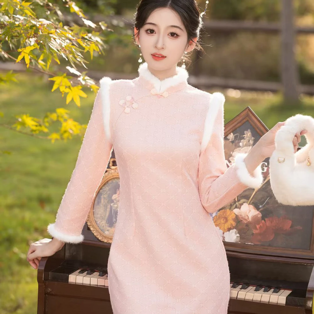 【2953 沉鱼落雁 粉色】（加绒加厚）中国风旗袍