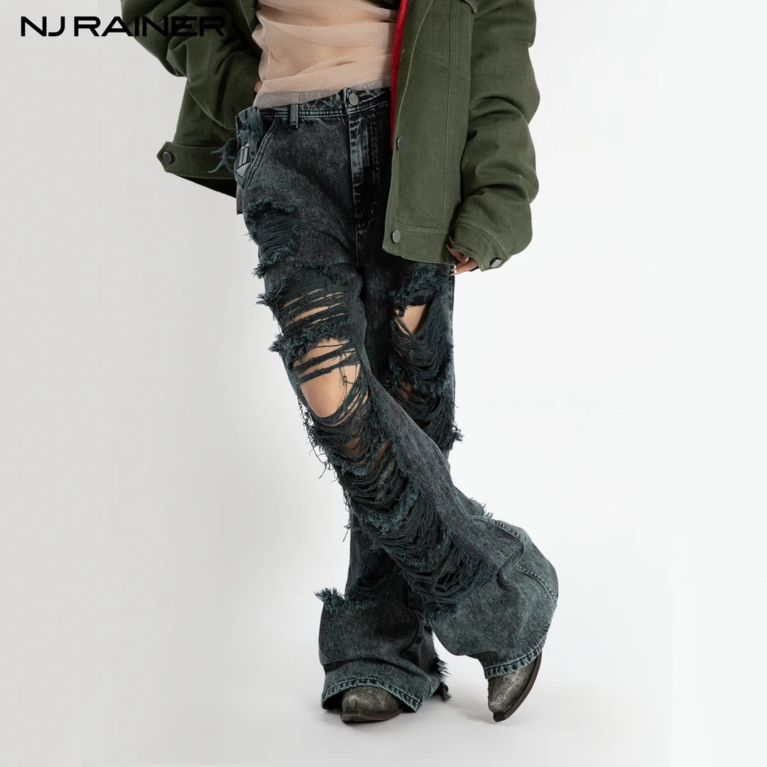 NJ RAINER蓝绿破洞微喇牛仔裤复古设计师做旧水洗高街欧美街头