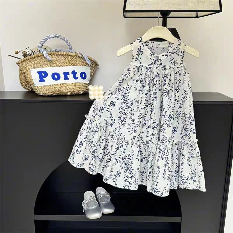 童装儿童连衣裙夏季无袖背心裙棉印花中长款宽松甜美女童碎花裙
