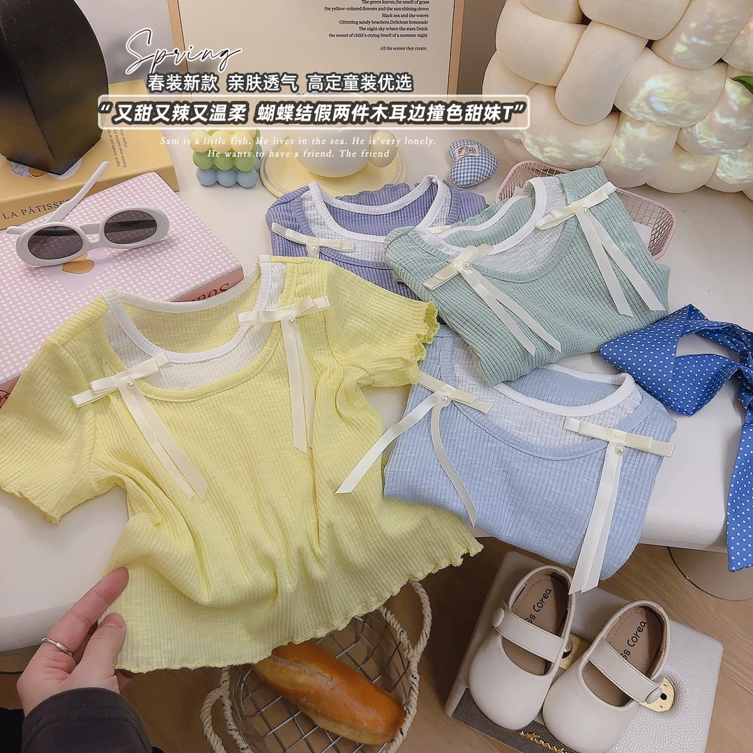 25ss夏季新款蝴蝶结短袖假两件女童T恤
