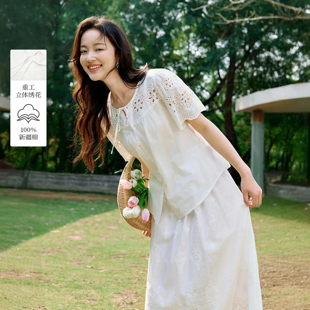 100%棉清新白蕾丝刺绣衬衫2025夏季女装新款气质短袖显瘦衬衣
