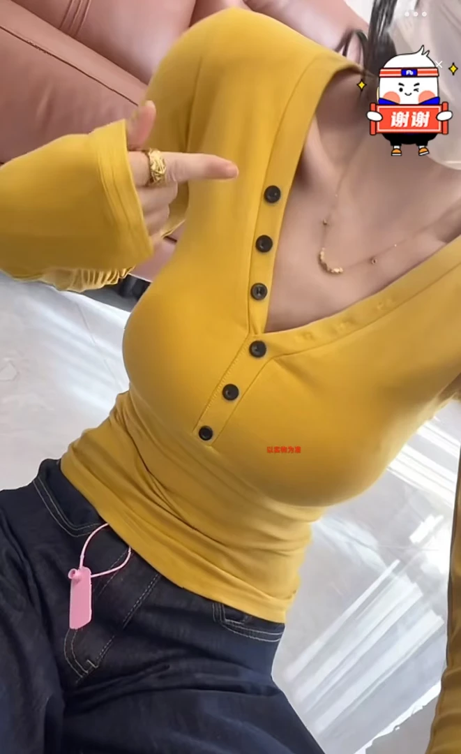 3002#秋季新款时尚百搭显瘦长袖V领纽扣打底上衣1058#