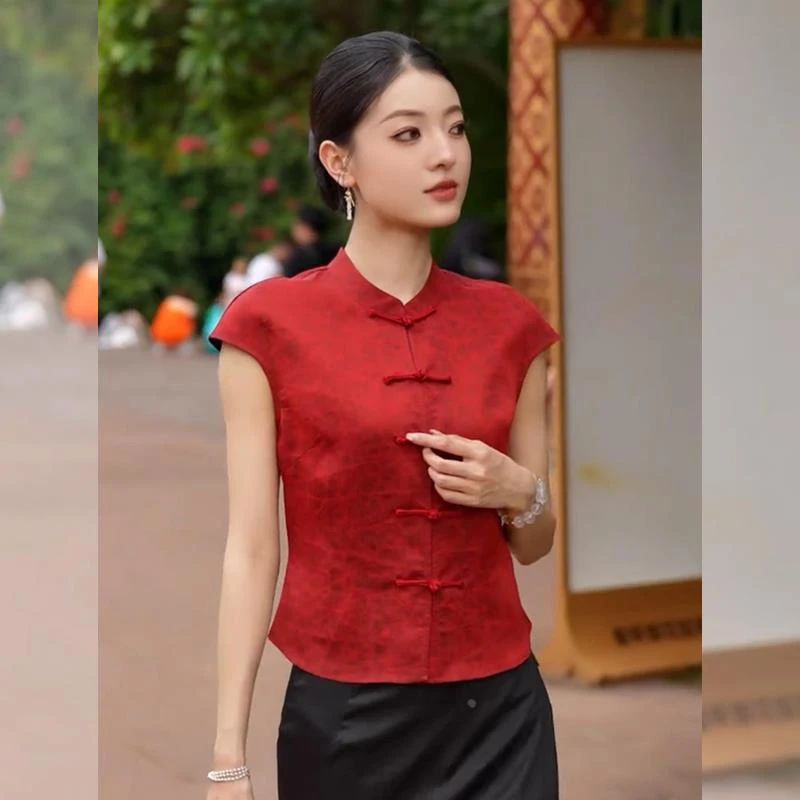 红色立领盘扣掐腰短袖衬衫女夏季新中式国风绝美气质禅意小衫上衣
