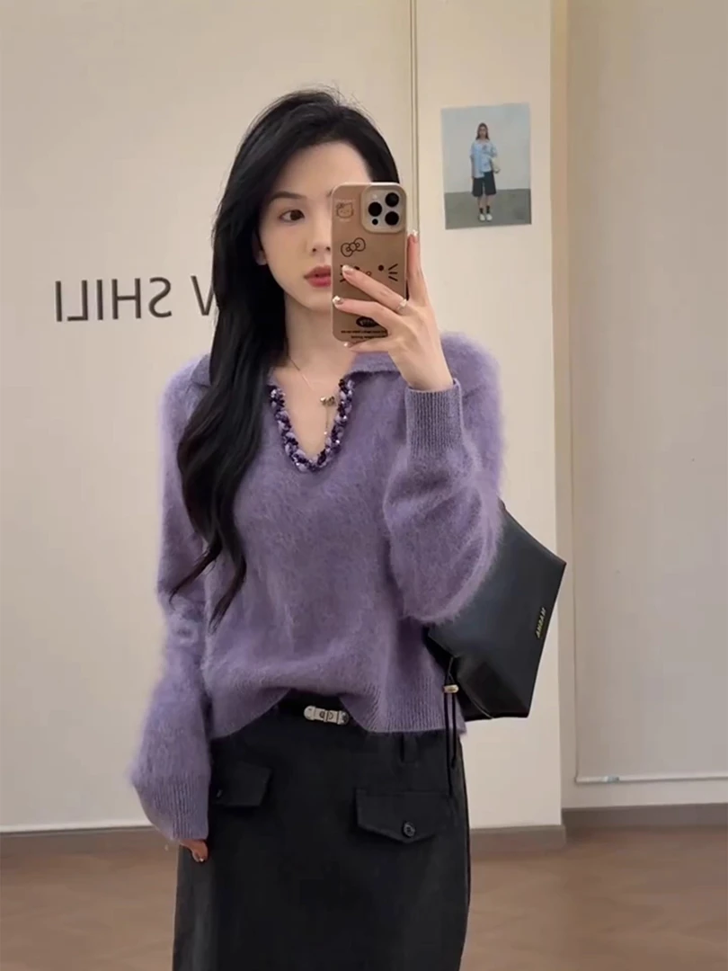 韩系漂亮紫色V领毛衣女2025秋冬季软糯奶呼呼外穿宽松针织衫上衣