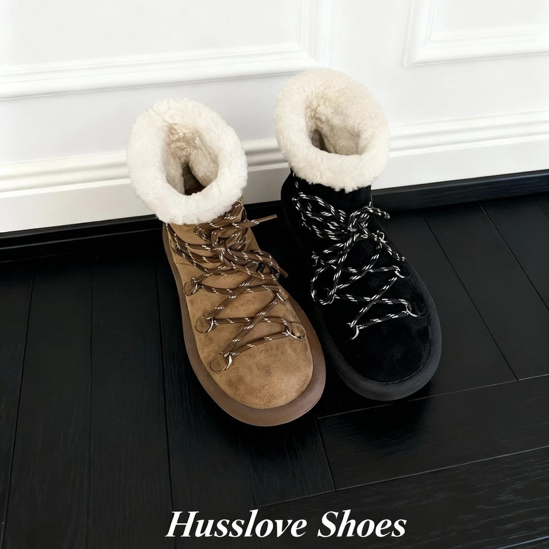 HUSSLOVE 麂皮·跟高3CM·冬季时尚保暖miu系交叉绑带羊毛雪地靴