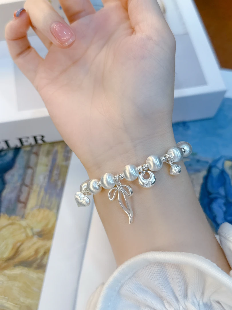 925银手链 可爱猫眼拉丝爱心流苏ins风手串手工新品简约超仙款