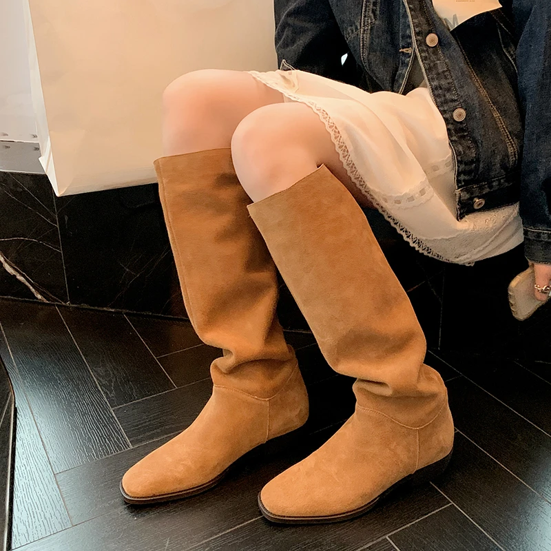 F272/2.5cm牛翻皮西部牛仔靴时装靴复古骑士时尚平底长靴女秋冬