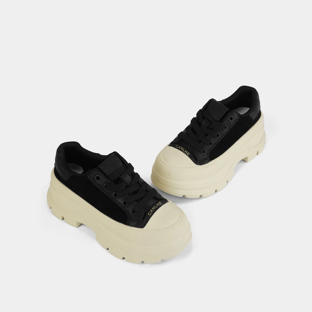 系带松糕鞋圆头磨砂皮拼色小皮鞋