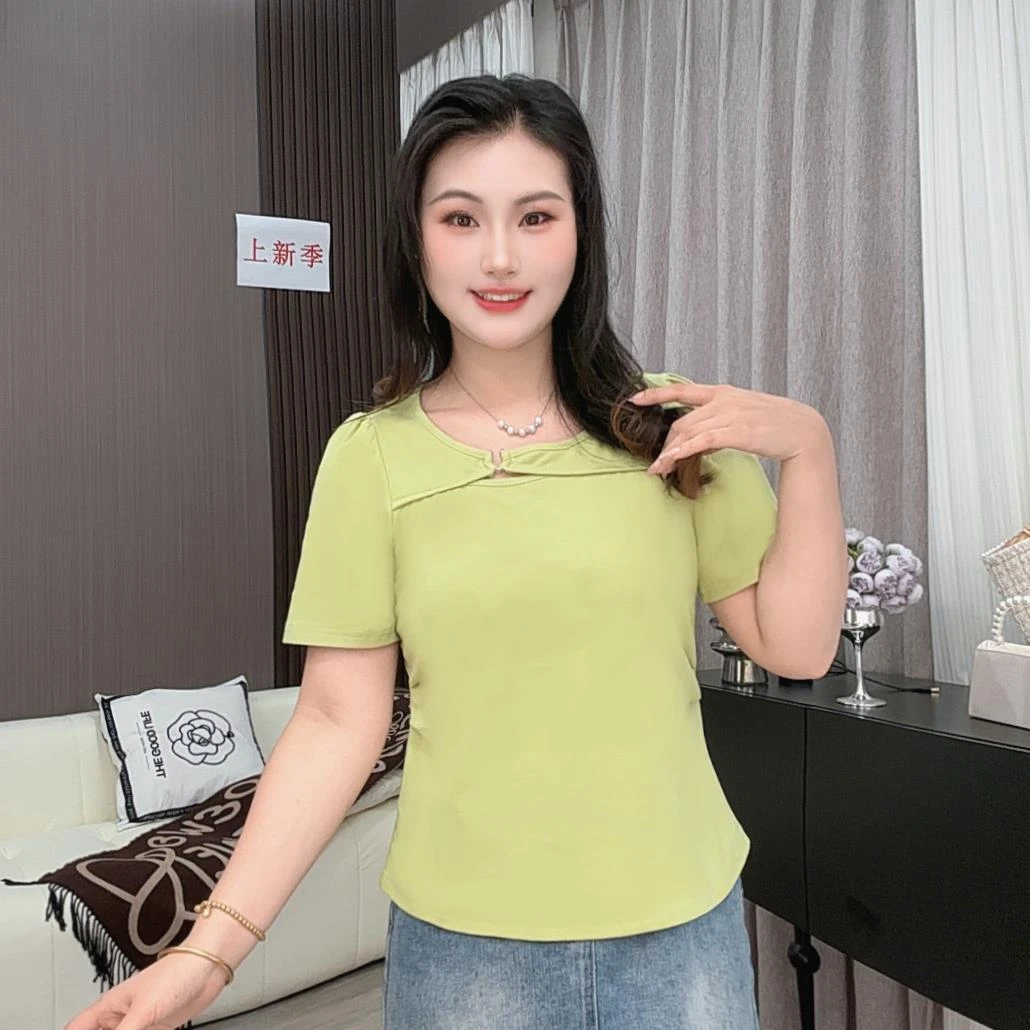 新款胖mm法式设计感显瘦正肩短袖气质百搭时尚不规则小众上衣