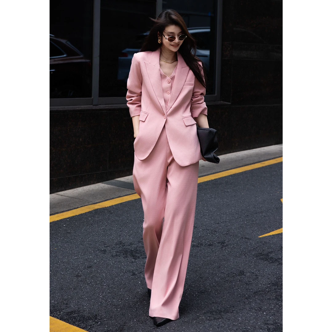 套装西装职业女裤三件套秋季高级感一粒扣西装挂脖马甲高档时装裤