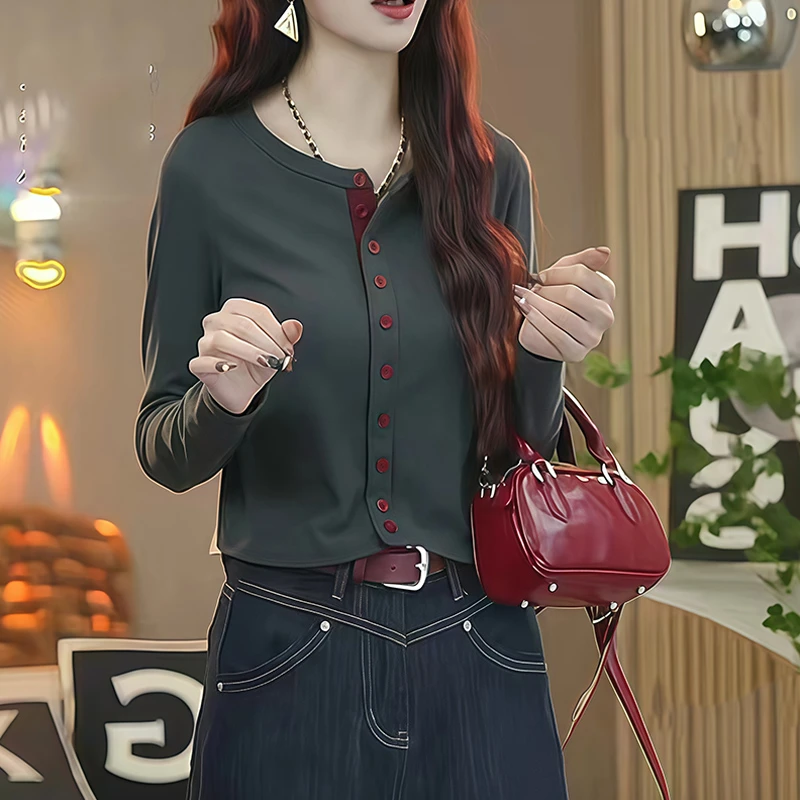 网红半开领撞色针织开衫长袖T恤女秋款显瘦百搭洋气时尚套头上衣