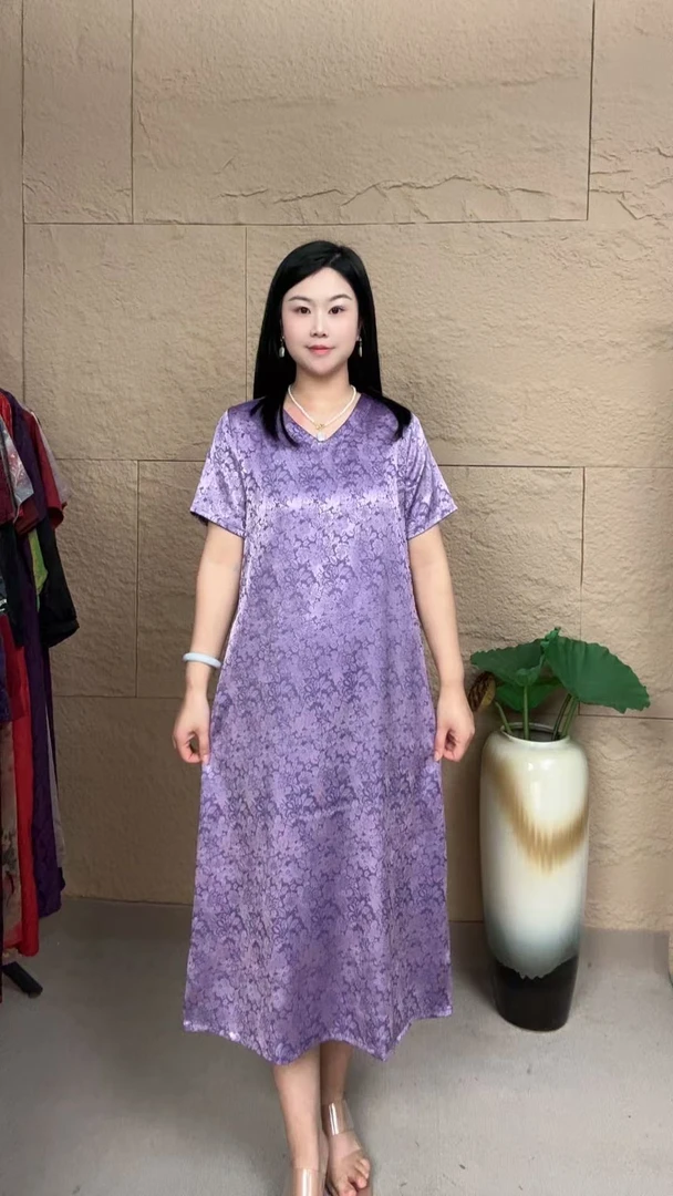 （紫藤花）夏季显瘦气质妈妈装v领时尚中老年连衣裙