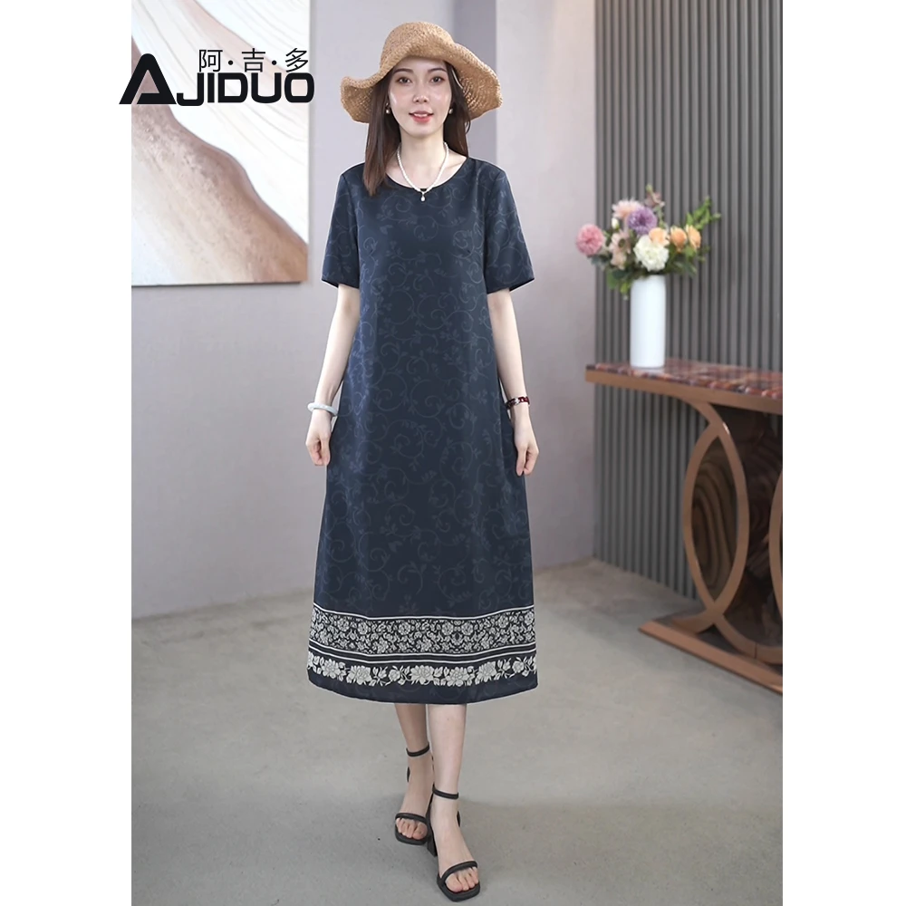 阿吉多A31905大码优雅短袖连衣裙女夏季宽松文艺显示气质女士裙子