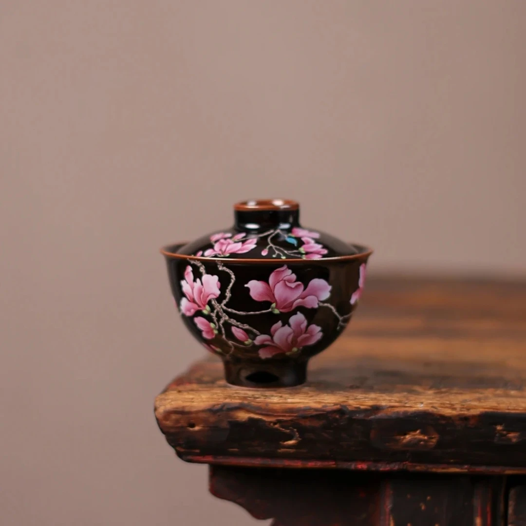 当代 乌金釉粉色玉兰花二才盖碗中式陶瓷功夫盖碗泡茶碗女士茶具