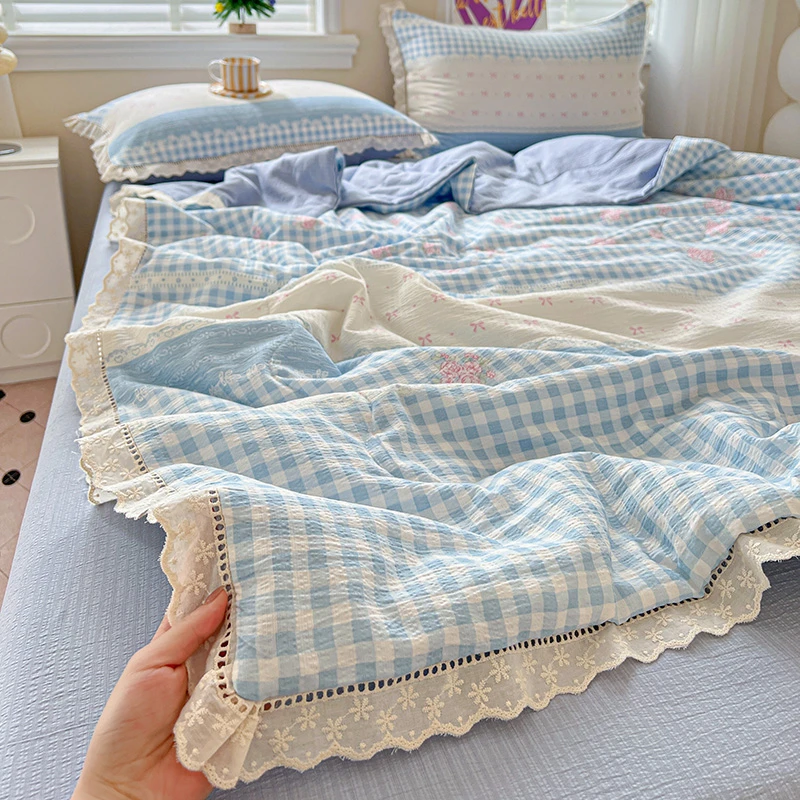 A类纯棉花边柔软透气夏被四件套双层纱ins简约婴儿宝宝款出租屋