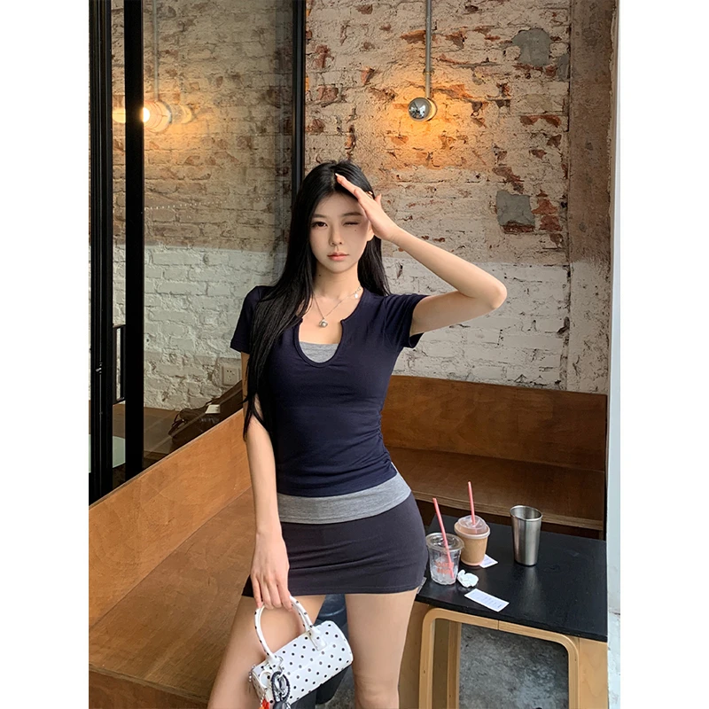 MosesQueen/魔西女王 美式复古假两件短袖T恤拼接撞色辣妹上衣