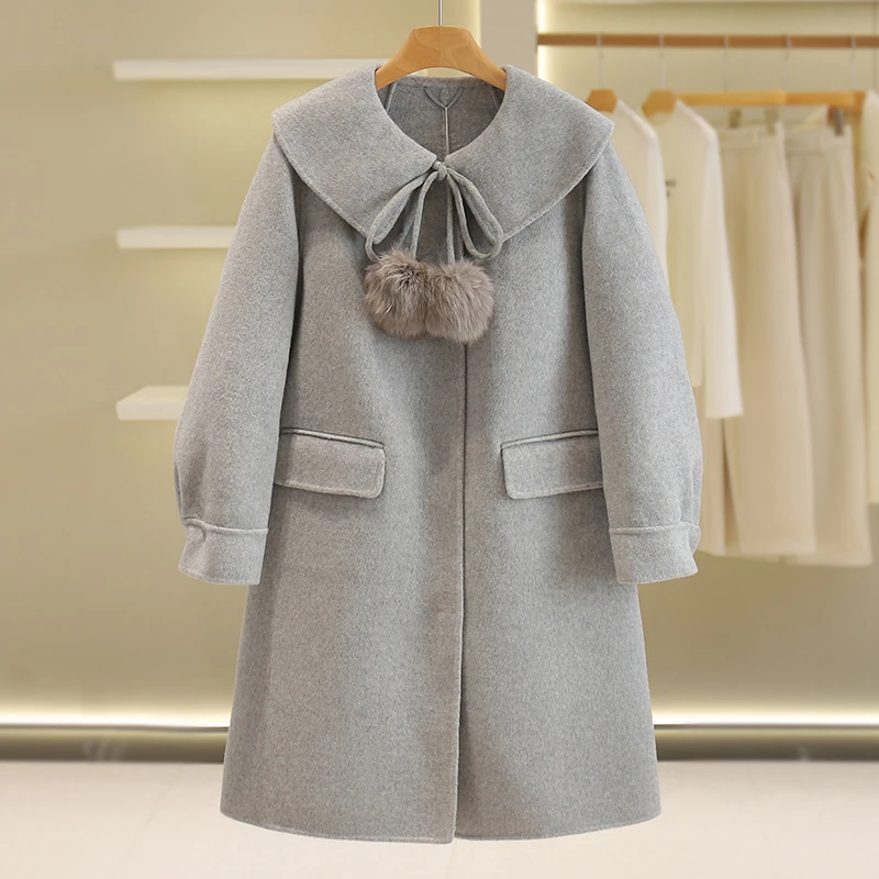 【伍莎-自营】娃娃领百搭中长款双面呢外套#PRB38B004