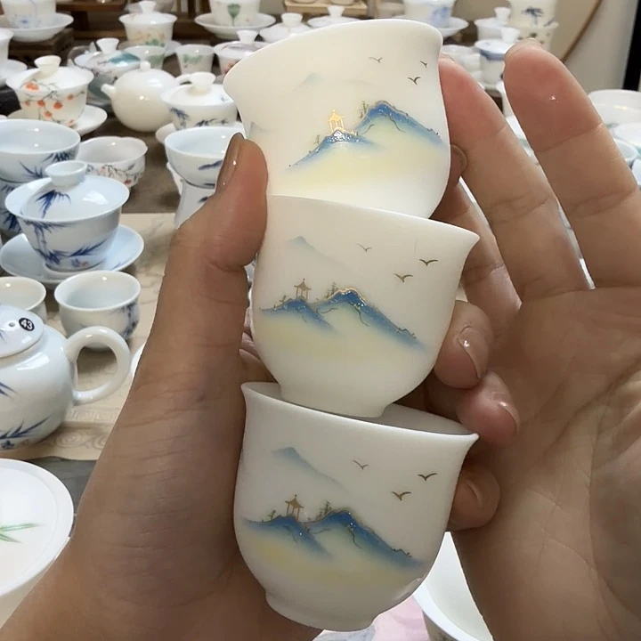 微瑕素烧羊脂玉茶杯三个一组