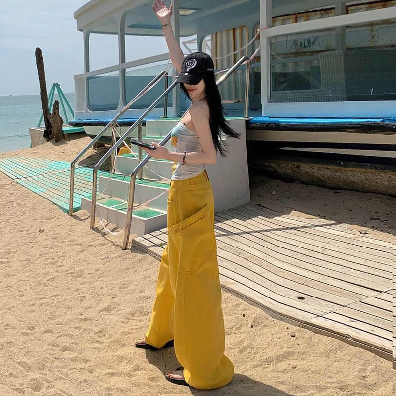 2025夏高腰弯刀裤牛仔裤字母刺绣宽松薄款女拖地阔腿垂感直筒裤子