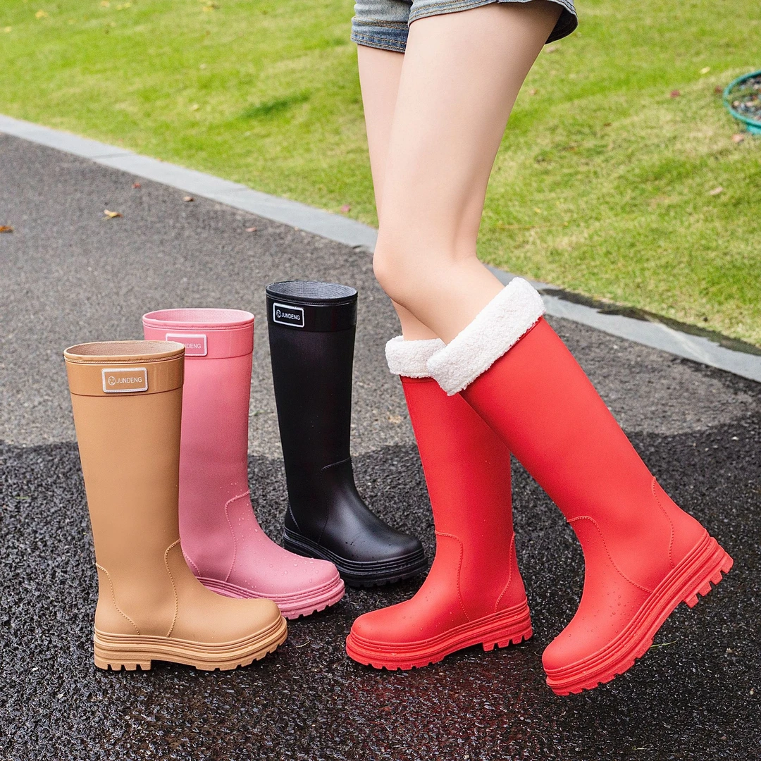 登山户外丛林防水雨鞋雨靴女高筒过膝38cm成人时尚胶鞋加绒保暖冬
