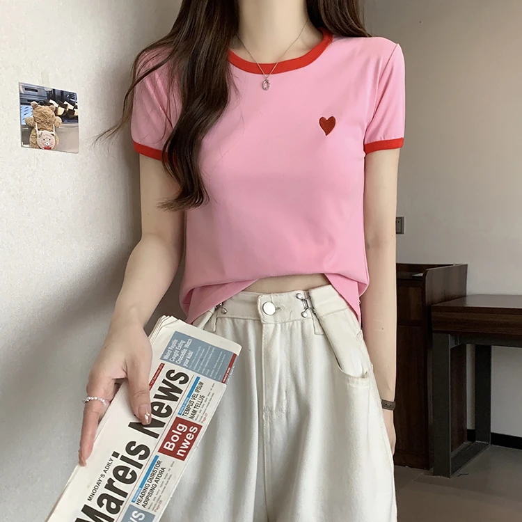 45#（抖音质量）爱心刺绣圆领显瘦正肩修身t恤女