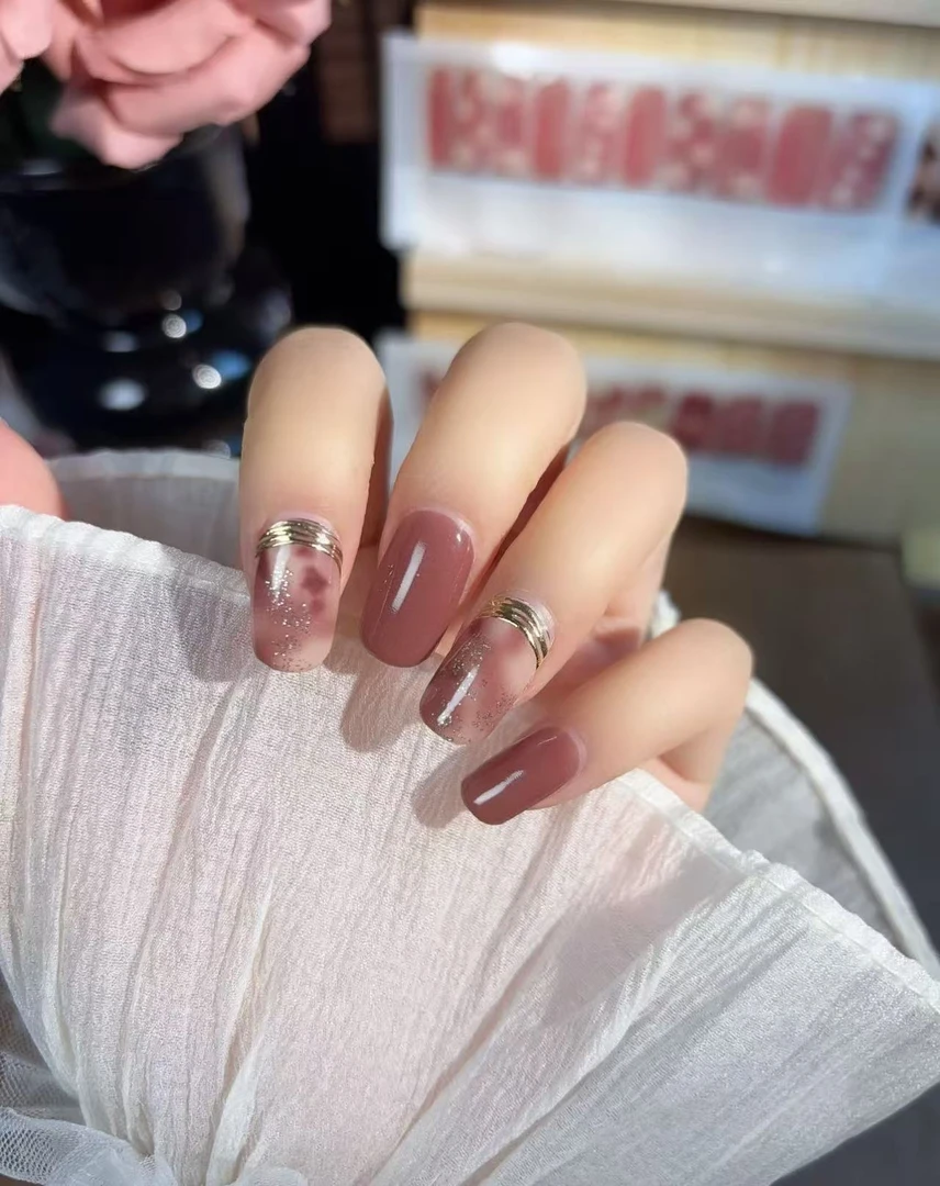 【007金丝琥珀】免烤灯裸粉色美甲贴甲油膜百搭007