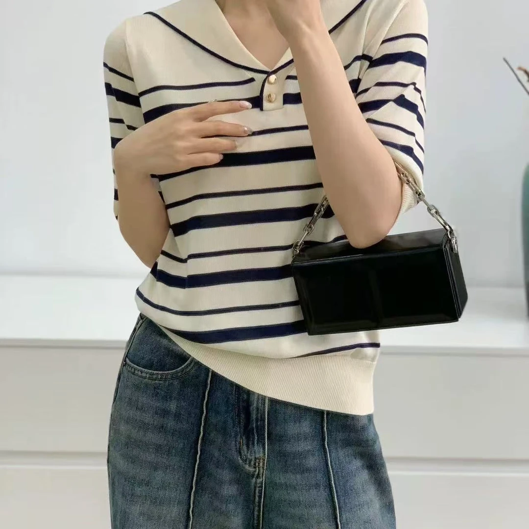 1620【海军领针织】减龄撞色条纹短袖针织衫1621