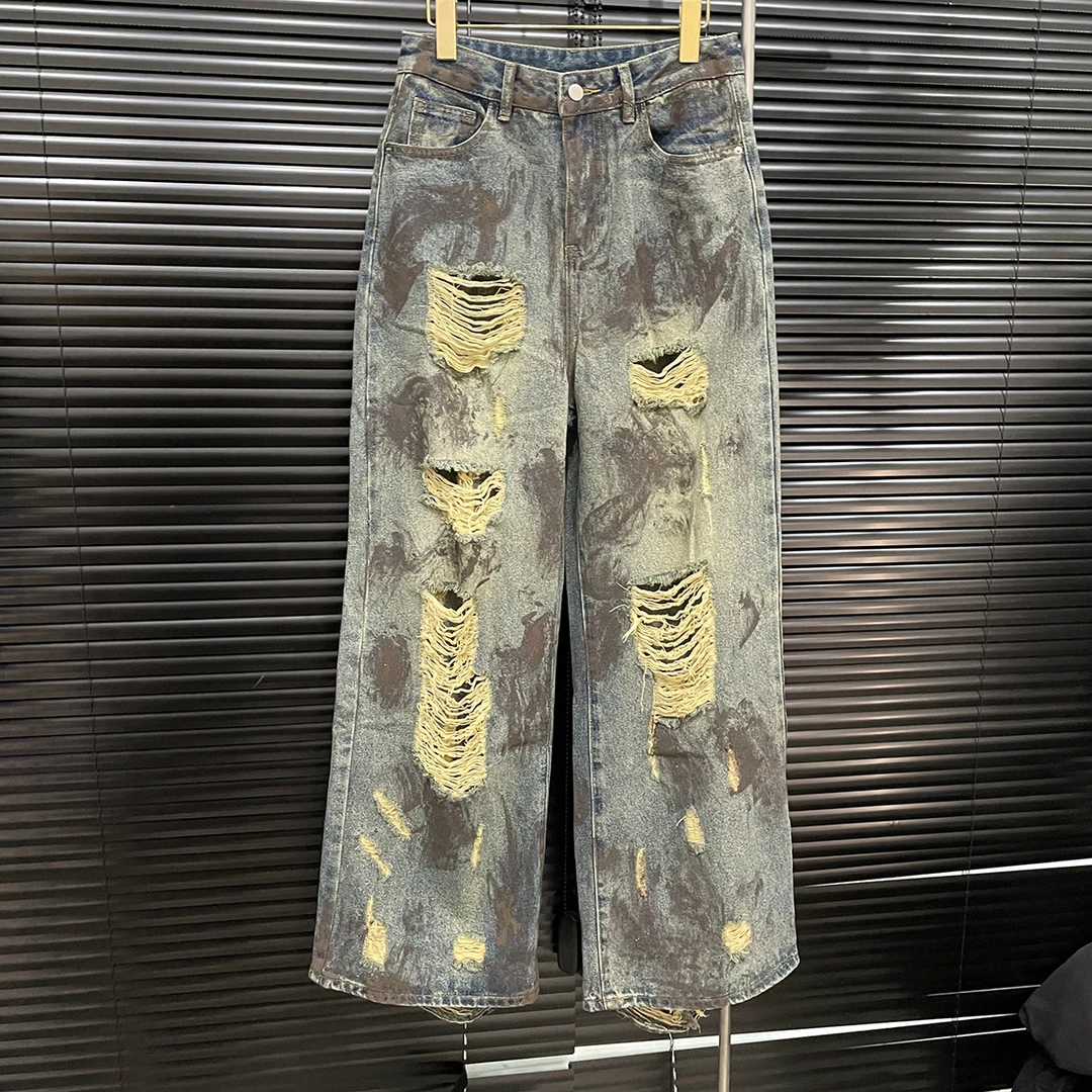 付新博女装正洳西做旧脏脏破洞牛仔裤女复古扎染阔腿裤长裤12886