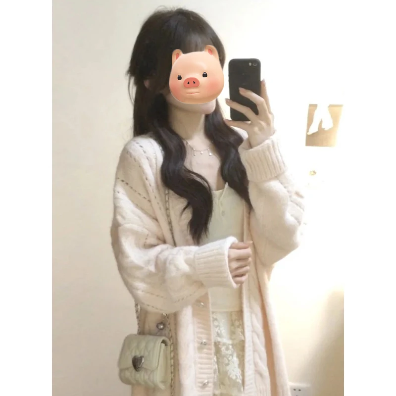 巨好看的早秋韩系穿搭粉色V领毛衣开衫女宽松慵懒风针织外套上衣