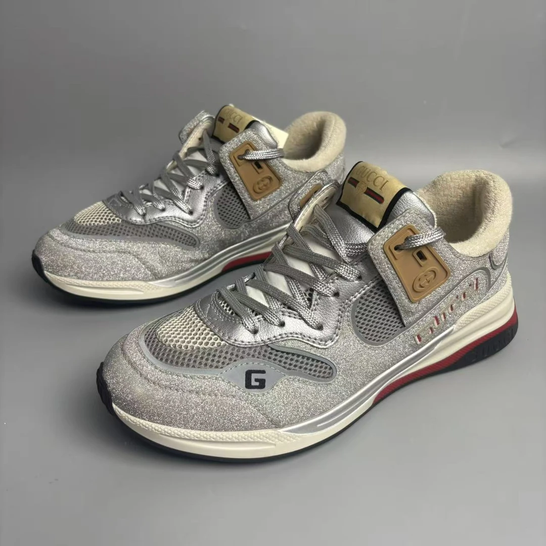 95新 GUCCI/古驰 灰银亮面男士运动鞋 39.5欧码 jx622