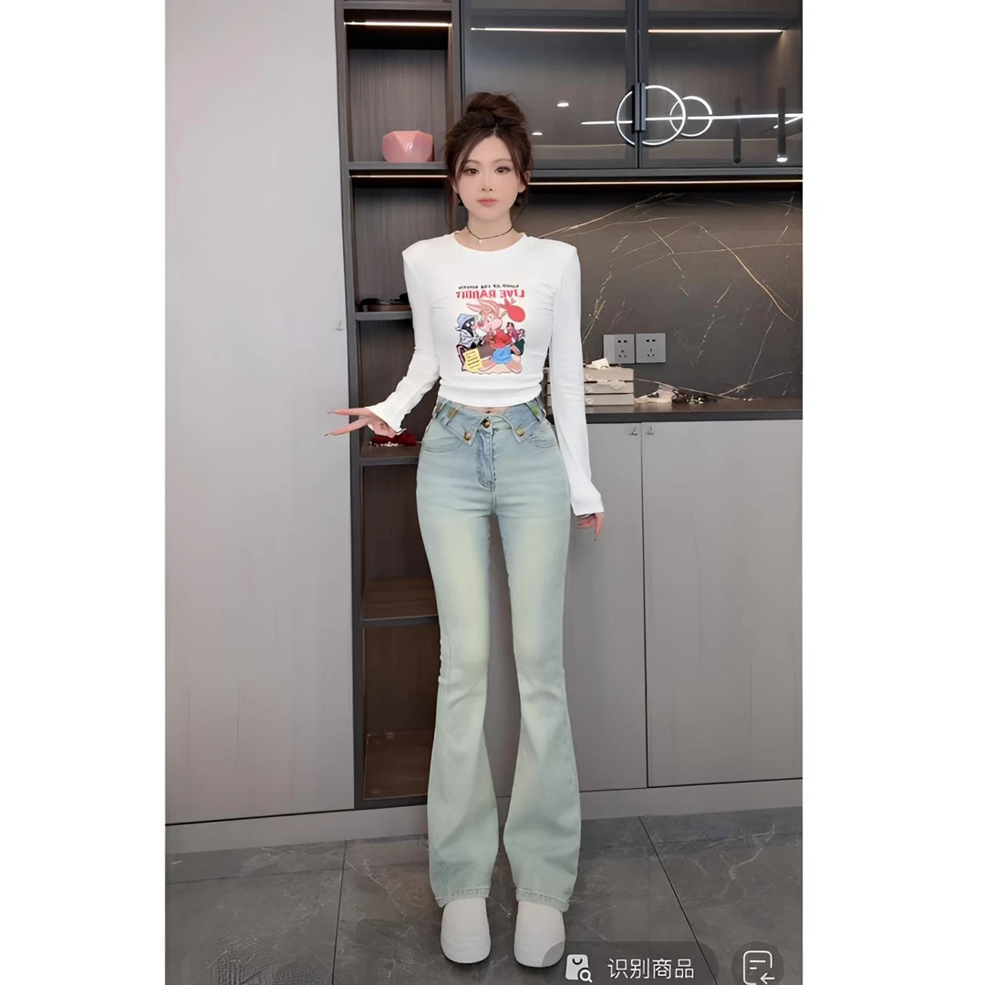 睿夕【韩漫小牛仔】加植绒字母翻边腰头弹力牛仔裤微喇叭裤