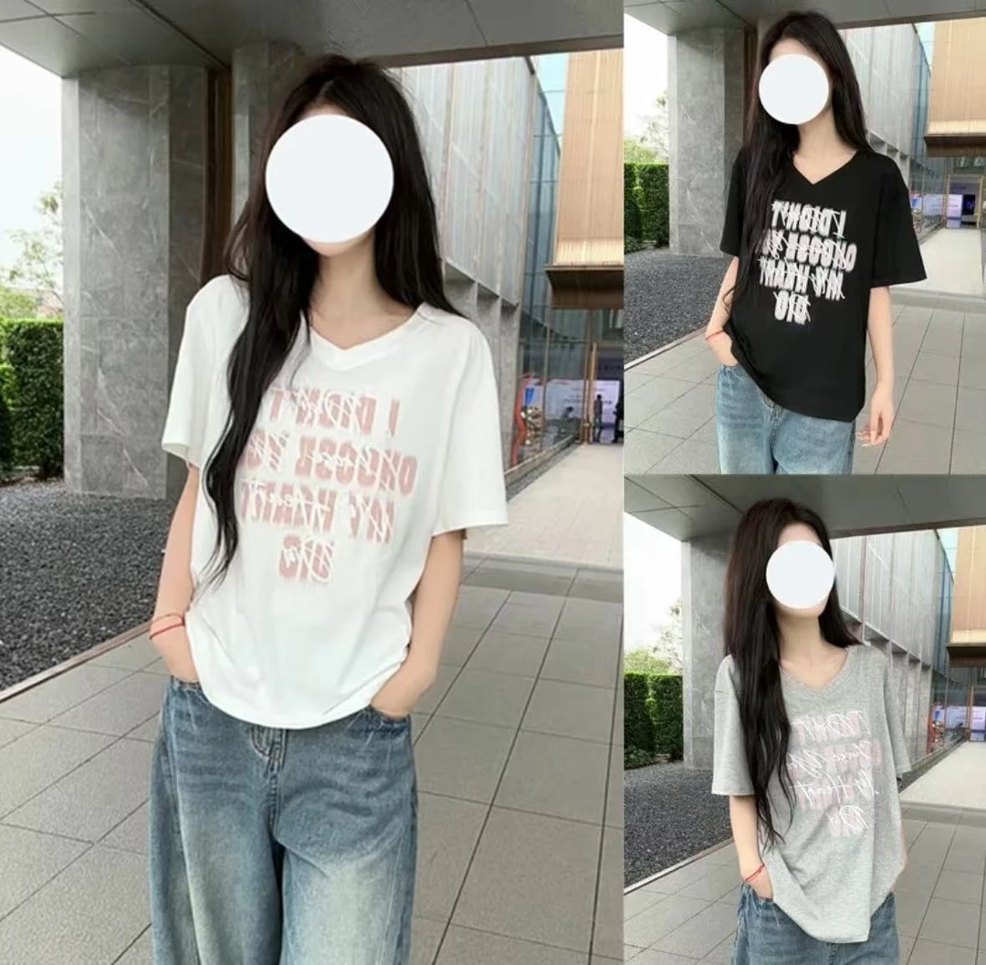 【运补6-8】松弛感V领短袖T恤女夏季2025新款宽松印花上衣
