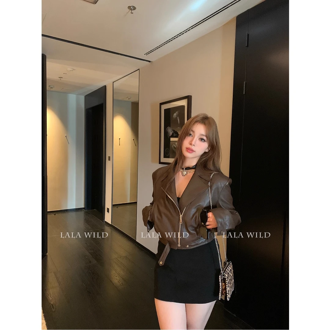 2025春秋新款网红机车服百搭气质pu皮夹克海宁短款翻领皮衣外套女