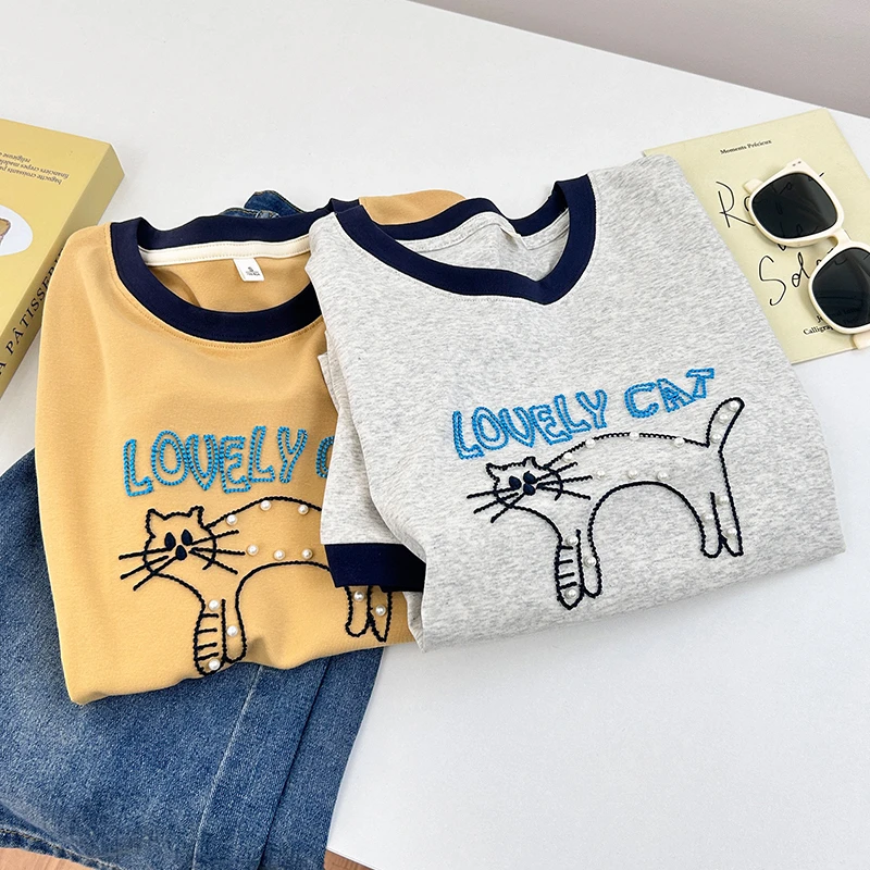 立体钉珠猫咪刺绣短袖T恤夏季新款撞色圆领显瘦上衣宽松别致女装