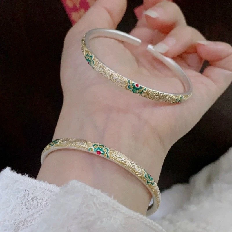 足银手镯  珐琅彩宝相花手镯女款复古轻奢高级感吉言足银9999古风