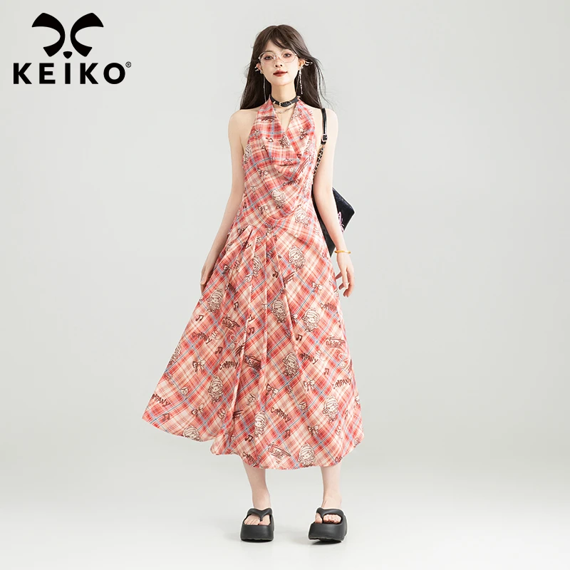 KEIKO 美式格子挂脖荡领连衣裙25夏季性感露背收腰显瘦雪纺长裙子