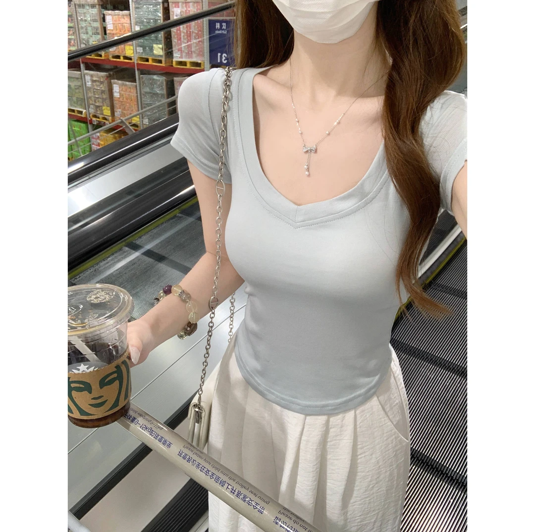 2025夏季韩版纯欲修身v领简约莱赛尔天丝显瘦设计感面膜T短袖上衣