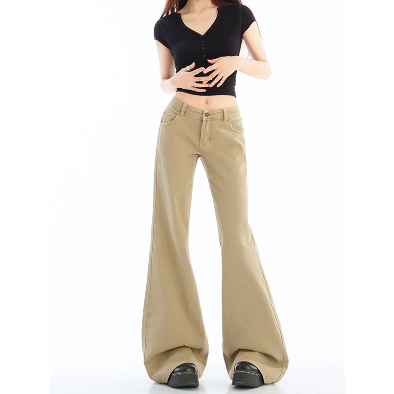美式复古卡其色微喇牛仔裤女秋季新款低腰宽松显瘦不贴腿喇叭裤子