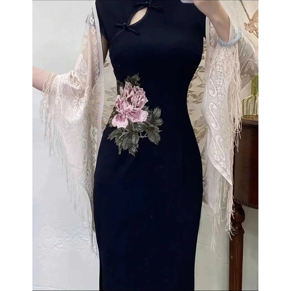 【無名】复古新中式旗袍2025年夏季修身黑色中国风日常外出连衣裙