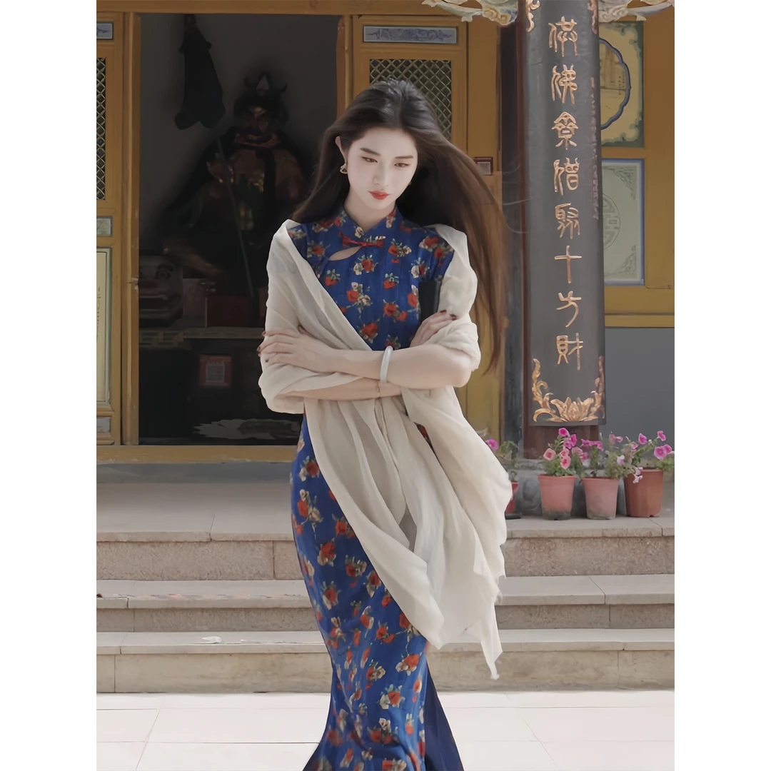 凌茜恣禾【岚荼】国风新中式蓝印花温婉优雅高级感收腰显瘦旗袍裙子