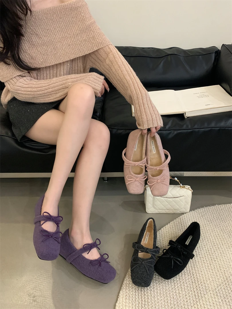 小香风紫色内增高3CM加绒玛丽珍鞋女勃肯鞋棉鞋