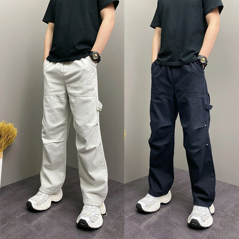 秋冬新款男士韩版美式复古潮流休闲长裤韩版宽松大口袋水洗直筒裤