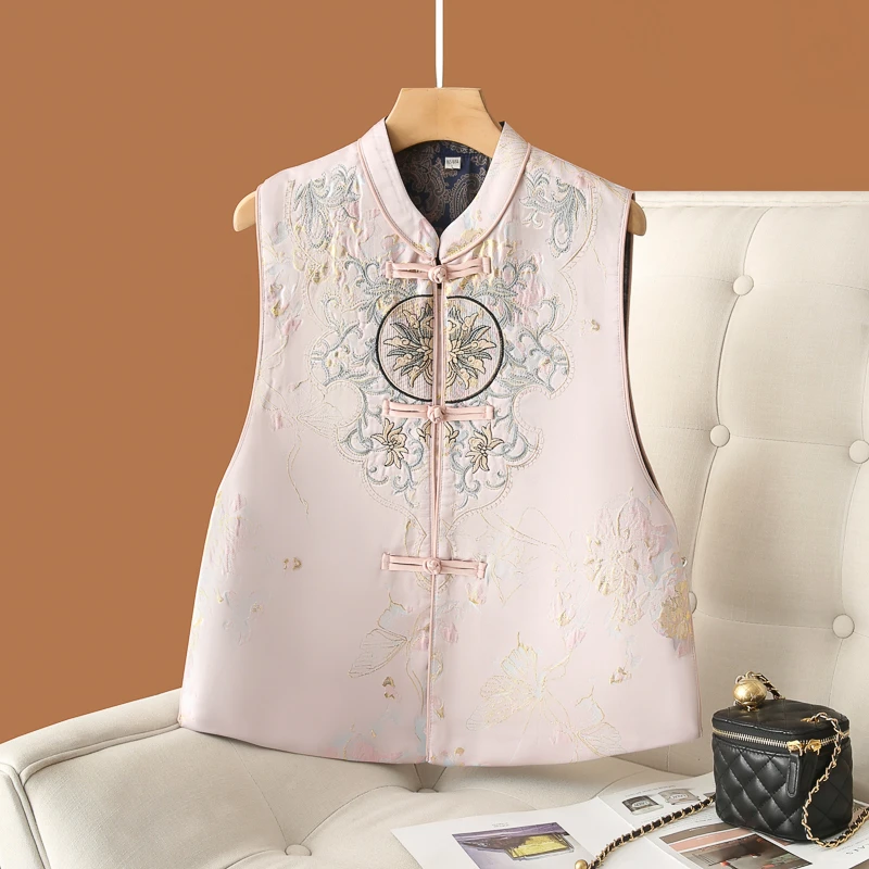 新中式缎面重工刺绣V领盘扣马甲2025新款国风女装高级感洋气马夹